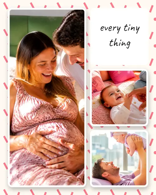 3 photo baby collage, on a confetti patterned background
