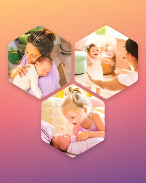 3 photo baby collage, on a warm sunset gradient