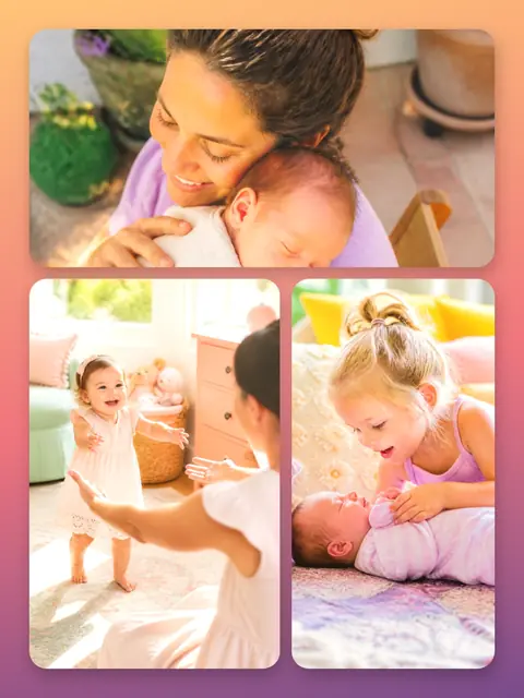 3 photo baby collage, on a warm sunset gradient, sized for a print