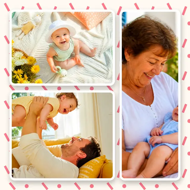 3 photo baby collage, on a confetti patterned background