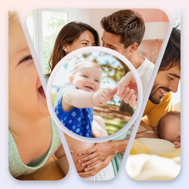 4 photo baby collage with a circular medallion over the others, with soft rounded corners on a pastel gradient