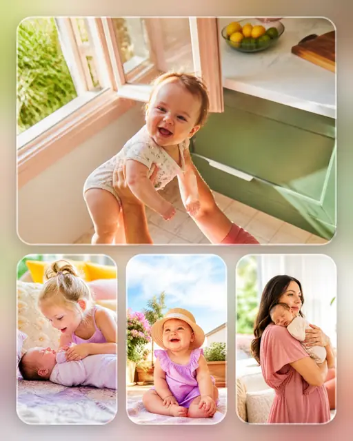 4 photo baby collage, over a blurred version of its own photos