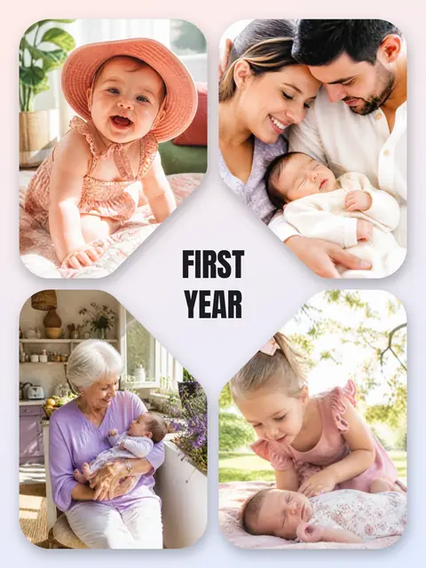 4 photo baby collage, with soft rounded corners on a pastel gradient, sized for a print