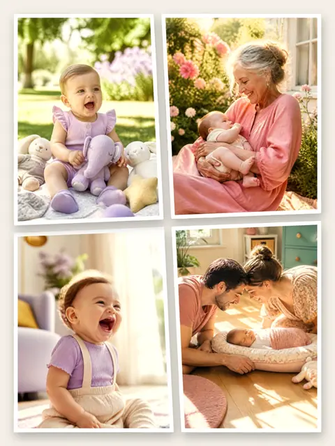 4 photo baby collage, with white polaroid borders on warm paper, sized for a print