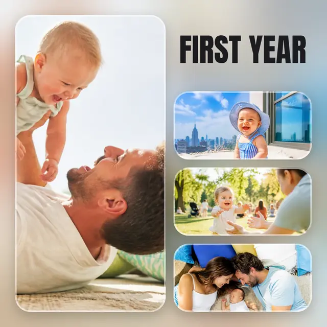 4 photo baby collage, over a blurred version of its own photos