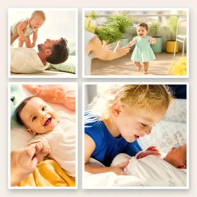 4 photo baby collage, with white polaroid borders on warm paper