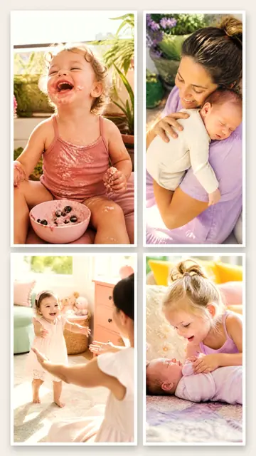 4 photo baby collage, with white polaroid borders on warm paper, sized for a story