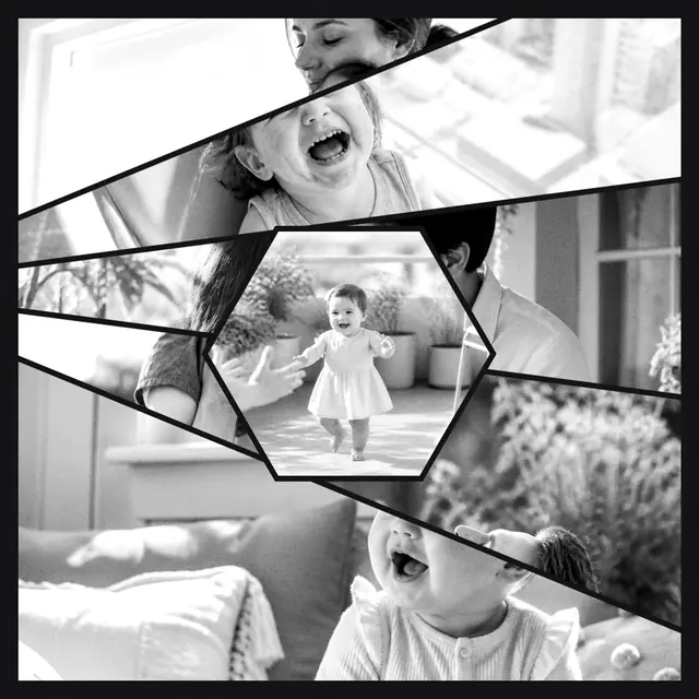 6 photo baby collage with a hexagonal medallion over the others, in black and white on a dark ground