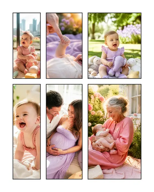 6 photo baby collage, with wide gallery margins and a hairline border
