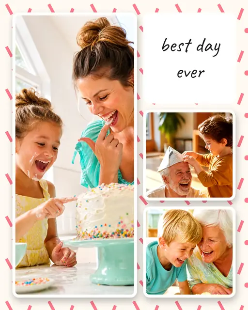 3 photo birthday collage, on a confetti patterned background