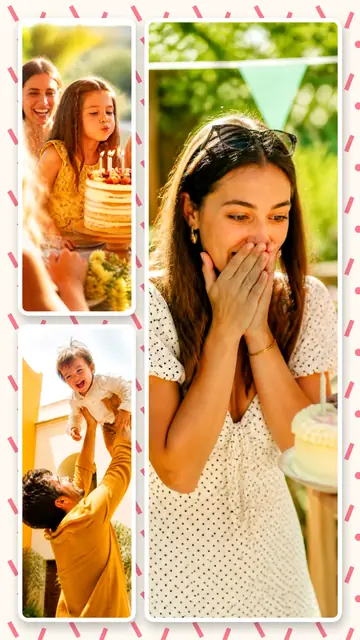 3 photo birthday collage, on a confetti patterned background, sized for a story
