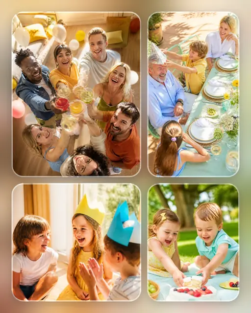 4 photo birthday collage, over a blurred version of its own photos