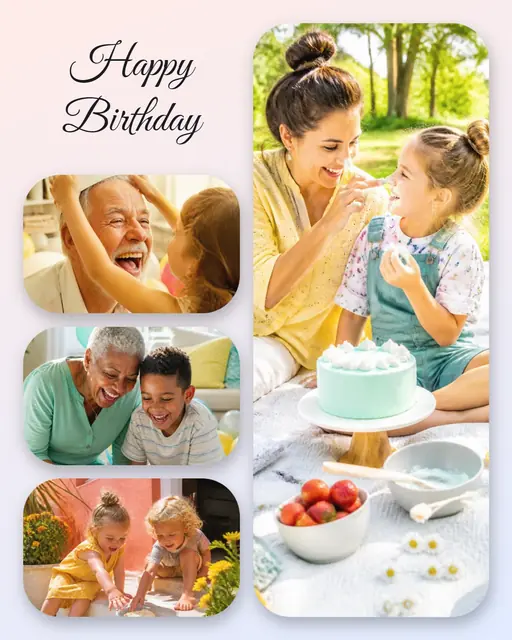 4 photo birthday collage, with soft rounded corners on a pastel gradient