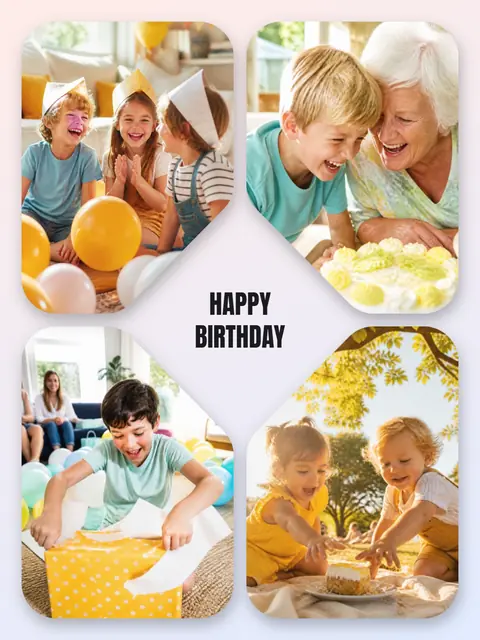 4 photo birthday collage, with soft rounded corners on a pastel gradient, sized for a print