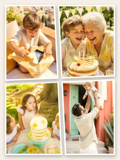 4 photo birthday collage, with white polaroid borders on warm paper, sized for a print
