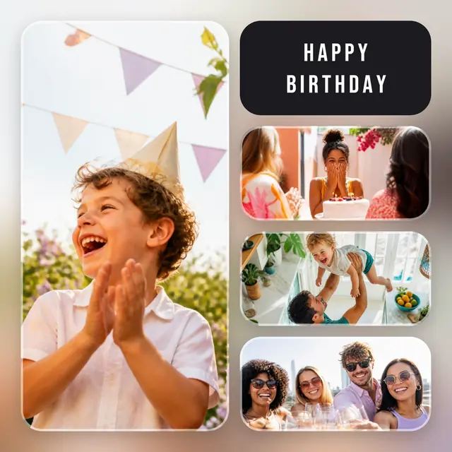 4 photo birthday collage, over a blurred version of its own photos