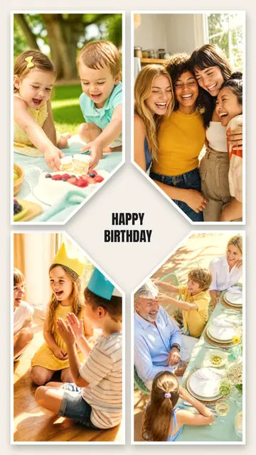4 photo birthday collage, with white polaroid borders on warm paper, sized for a story