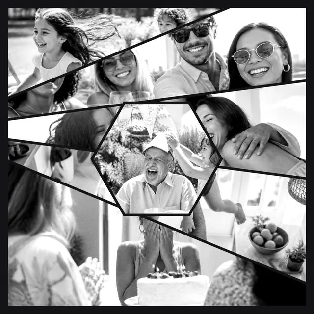 6 photo birthday collage with a hexagonal medallion over the others, in black and white on a dark ground