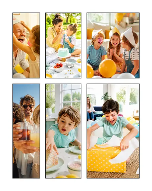 6 photo birthday collage, with wide gallery margins and a hairline border