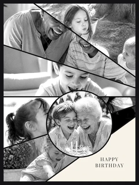 6 photo birthday collage, in black and white on a dark ground, sized for a print