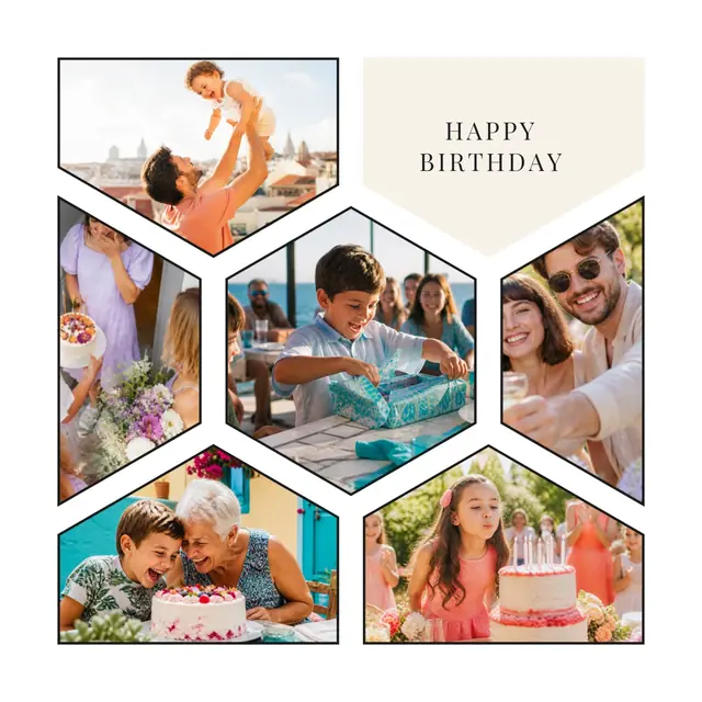 6 photo birthday collage, with wide gallery margins and a hairline border