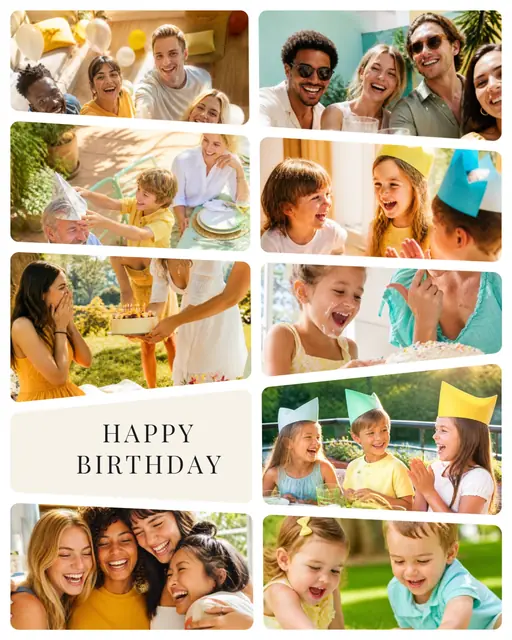 9 photo birthday collage, on plain white