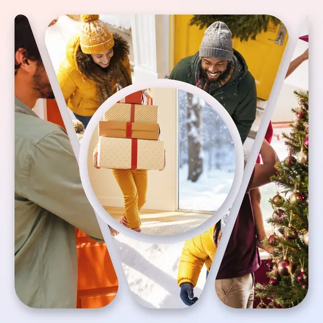 4 photo Christmas collage with a circular medallion over the others, with soft rounded corners on a pastel gradient