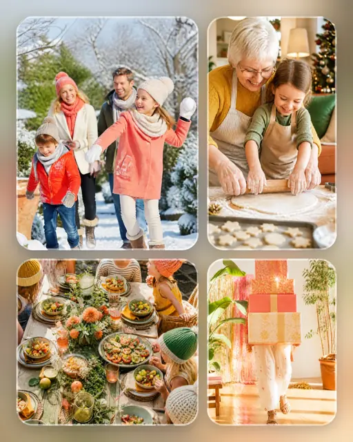 4 photo Christmas collage, over a blurred version of its own photos