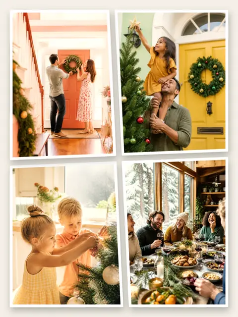 4 photo Christmas collage, with white polaroid borders on warm paper, sized for a print