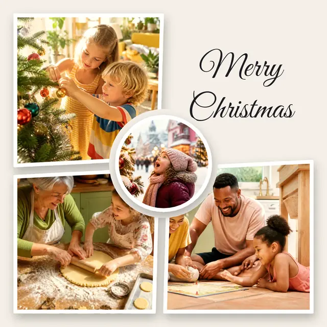 4 photo Christmas collage, with white polaroid borders on warm paper