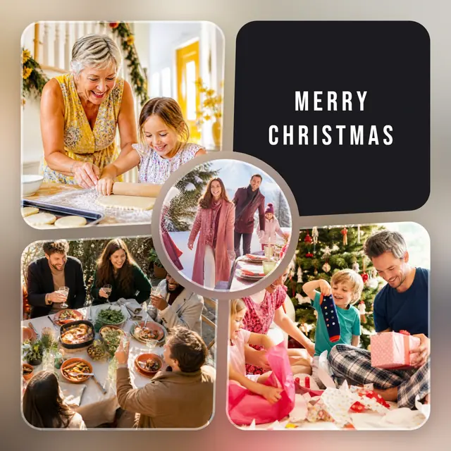 4 photo Christmas collage, over a blurred version of its own photos