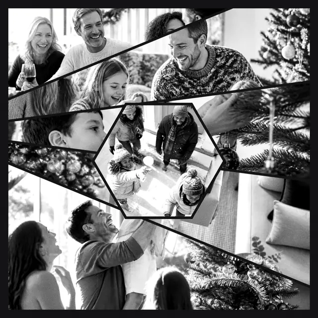 6 photo Christmas collage with a hexagonal medallion over the others, in black and white on a dark ground