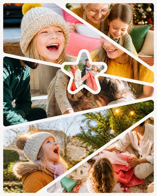 6 photo Christmas collage with a star medallion over the others