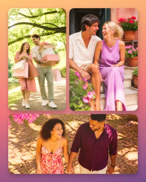 3 photo couple collage, on a warm sunset gradient