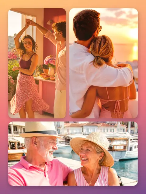 3 photo couple collage, on a warm sunset gradient, sized for a print