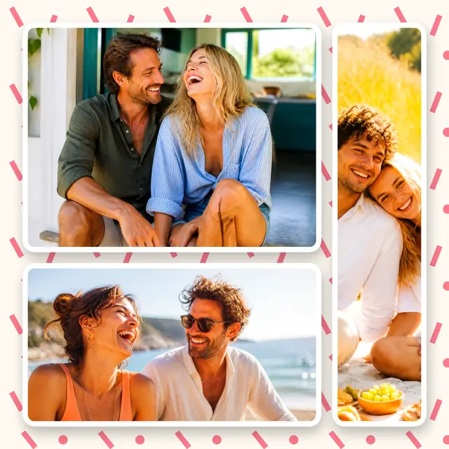 3 photo couple collage, on a confetti patterned background