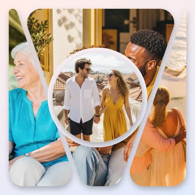 4 photo couple collage with a circular medallion over the others, with soft rounded corners on a pastel gradient