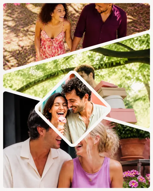 4 photo couple collage with a diamond medallion over the others