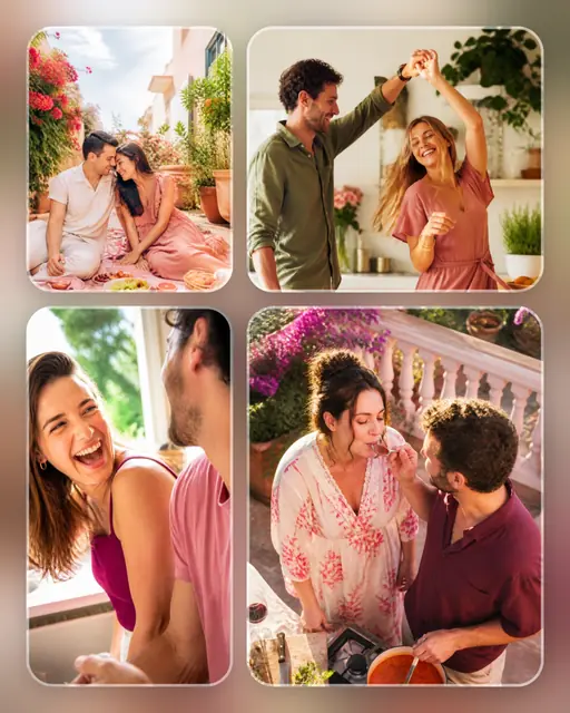 4 photo couple collage, over a blurred version of its own photos
