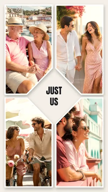 4 photo couple collage, with white polaroid borders on warm paper, sized for a story