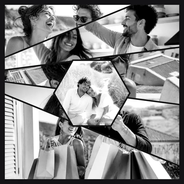 6 photo couple collage with a hexagonal medallion over the others, in black and white on a dark ground