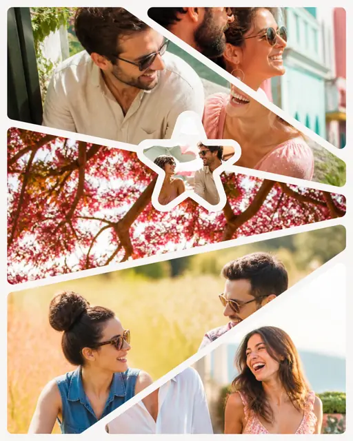6 photo couple collage with a star medallion over the others
