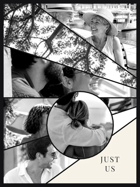 6 photo couple collage, in black and white on a dark ground, sized for a print