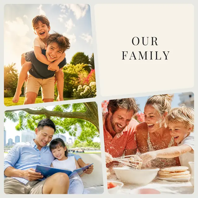 3 photo family collage with a flower medallion over the others