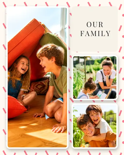 3 photo family collage, on a confetti patterned background