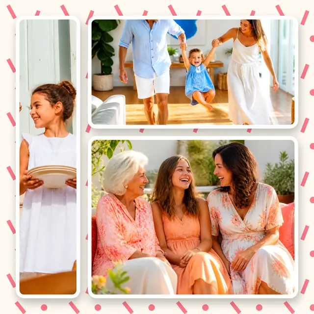 3 photo family collage, on a confetti patterned background