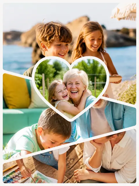 4 photo family collage with a heart medallion over the others, sized for a print