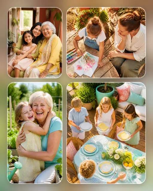 4 photo family collage, over a blurred version of its own photos