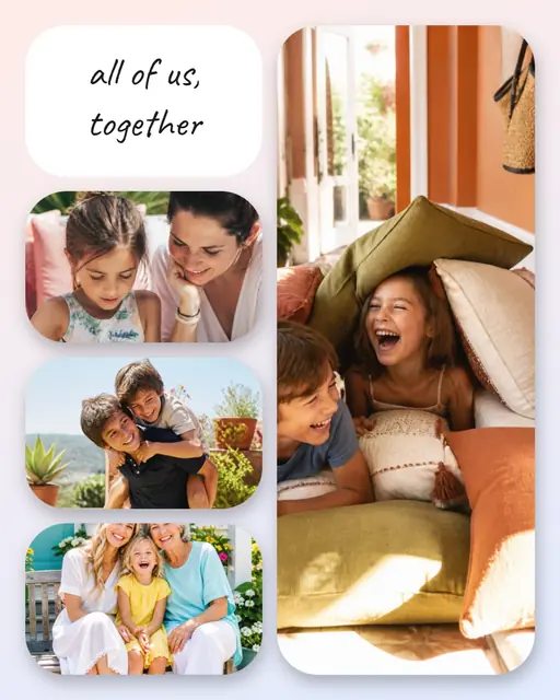 4 photo family collage, with soft rounded corners on a pastel gradient