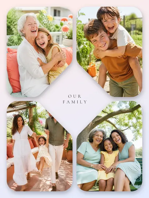 4 photo family collage, with soft rounded corners on a pastel gradient, sized for a print